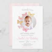 私たちの小さな蝶ピンクパープルガール1st誕生日 招待状 (正面/裏面)