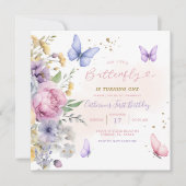 私たちの小さな蝶ピンクワイルドフラワー1st誕生日 招待状 (正面)