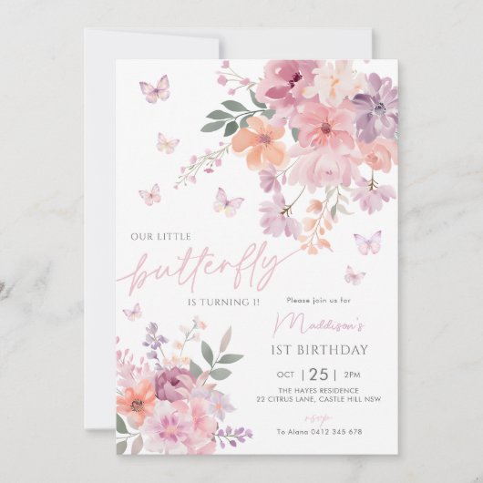 私たちの小さな蝶フローラ1st誕生日 招待状 (正面)