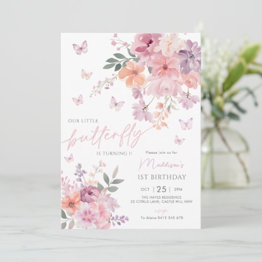 私たちの小さな蝶フローラ1st誕生日 招待状 (スタンド正面)