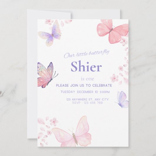 私たちの小さな蝶1日の誕生日の招待 セーブザデート (正面)