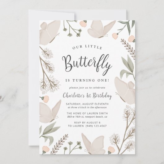 私たちの小さな蝶1st誕生日かわいい水色 招待状 (正面)