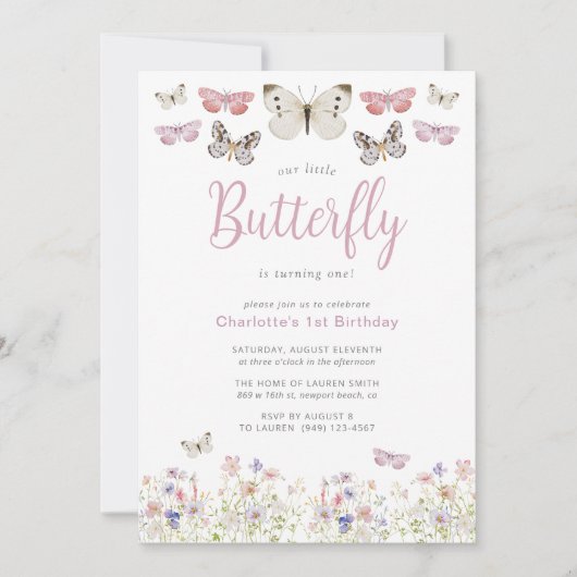 私たちの小さな蝶1st誕生日ピンクの水色 招待状 (正面)