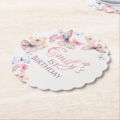 私たちの小さな蝶 – 水色のカラフル誕生日 ペーパーコースター (アングル)