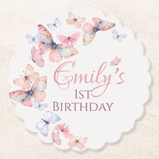 私たちの小さな蝶 – 水色のカラフル誕生日 ペーパーコースター (正面)