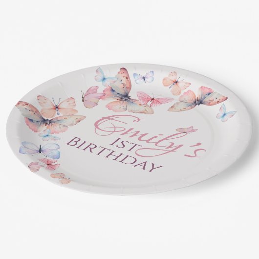 私たちの小さな蝶 – 水色のカラフル誕生日 ペーパープレート (アングル)