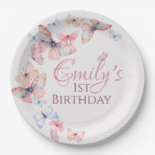 私たちの小さな蝶 – 水色のカラフル誕生日 ペーパープレート (正面)