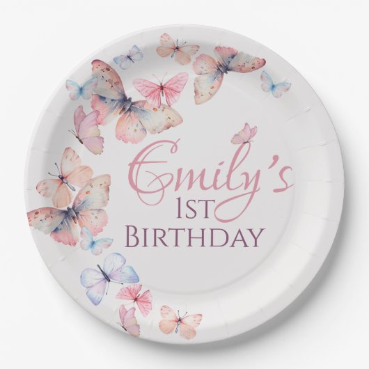 私たちの小さな蝶 – 水色のカラフル誕生日 ペーパープレート (正面)