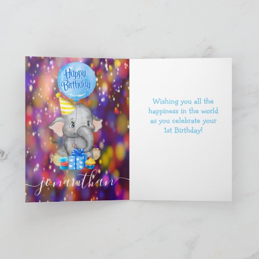 私たちの小さな象の1歳の誕生日を祝う カード (内部)