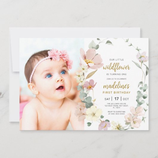 私たちの小さな野花が1歳の誕生日を迎える 招待状 (正面)