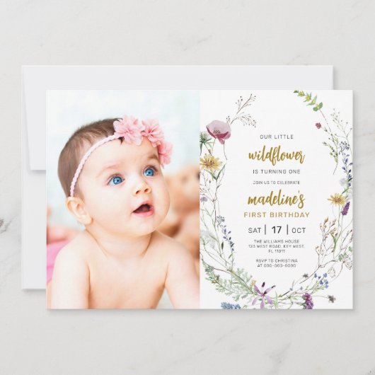 私たちの小さな野花が1歳の誕生日を迎える 招待状 (正面)