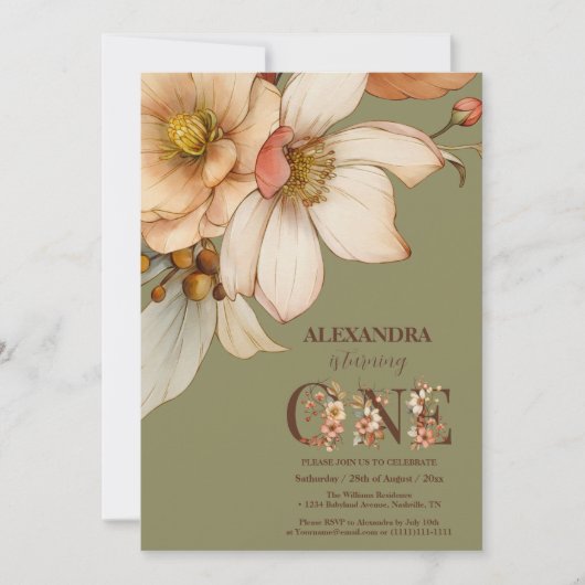 私たちの小さな野花のベビーガール1歳の誕生日 招待状 (正面)