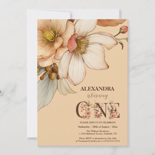 私たちの小さな野花のベビーガール1歳の誕生日 招待状 (正面)