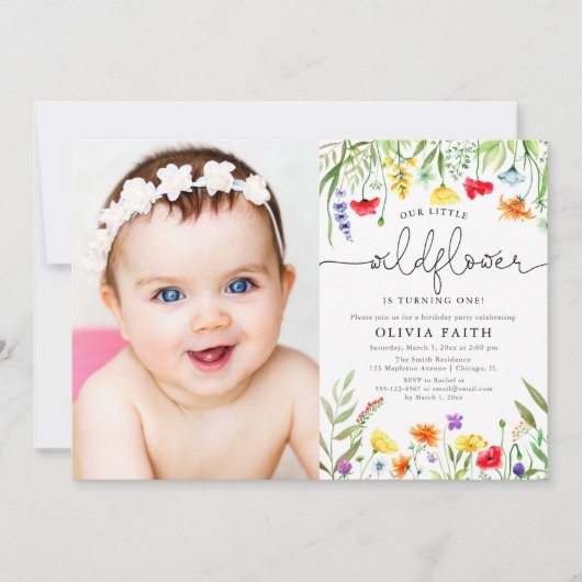 私たちの小さな野花のベビーガール1st誕生日の写真 招待状 (正面)