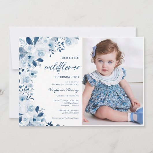 私たちの小さな野花のベビーガール2nd誕生日の写真 招待状 (正面)