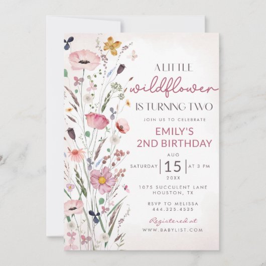 私たちの小さな野花のベビーガール2nd誕生日パーティー 招待状 (正面)