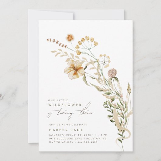 私たちの小さな野花の女の子のフローラ誕生日パーティー 招待状 (正面)
