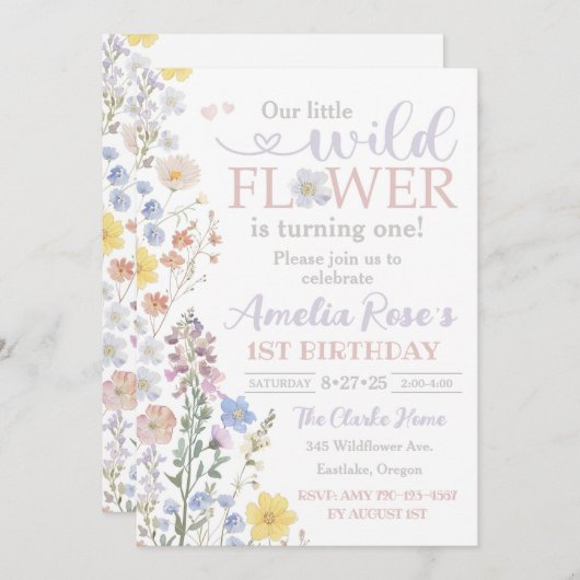 私たちの小さな野花の招待状、1歳の誕生日 招待状 (正面/裏面)