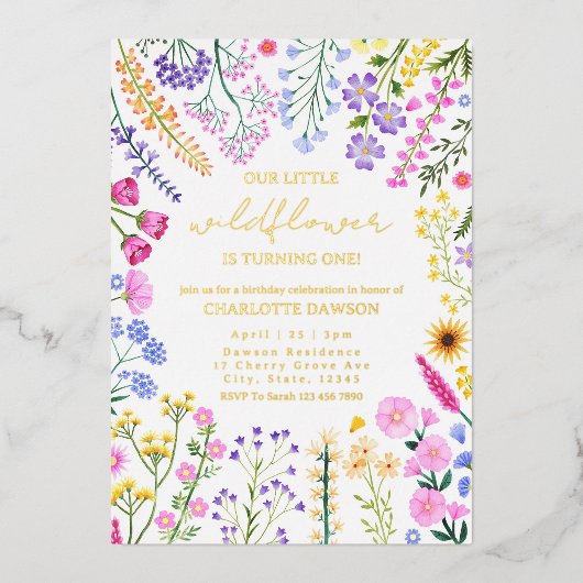 私たちの小さな野花フローラガール1st誕生日 箔招待状 (正面)