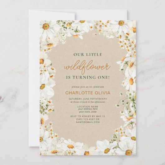 私たちの小さな野花ヴィンテージデイジー1st誕生日 招待状 (正面)
