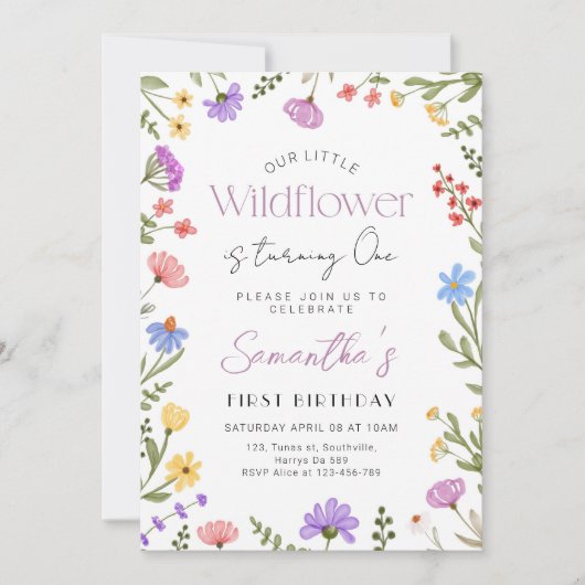 私たちの小さな野花少女1歳の誕生日 招待状 (正面)