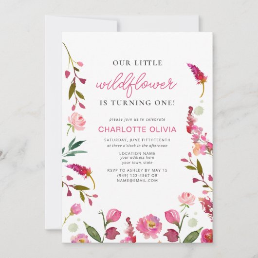 私たちの小さな野花1st誕生日ピンクのフローラ 招待状 (正面)