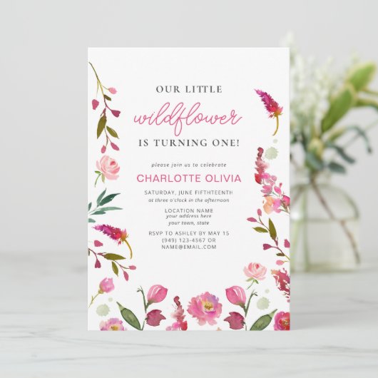 私たちの小さな野花1st誕生日ピンクのフローラ 招待状 (スタンド正面)