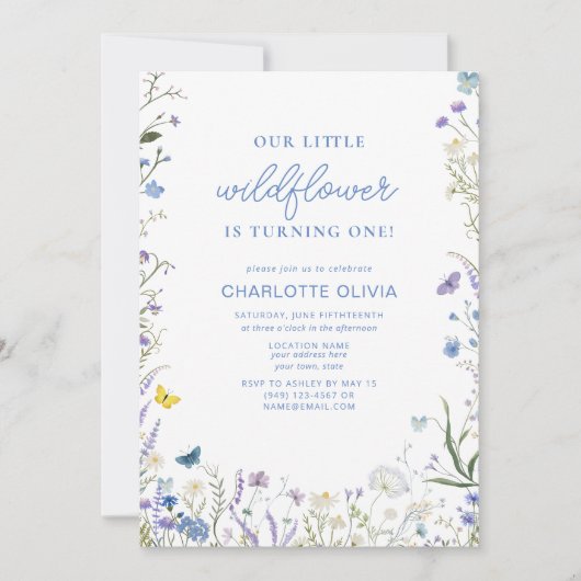 私たちの小さな野花1st誕生日ブルーウォーター色 招待状 (正面)