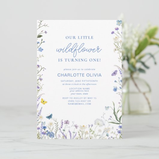 私たちの小さな野花1st誕生日ブルーウォーター色 招待状 (スタンド正面)