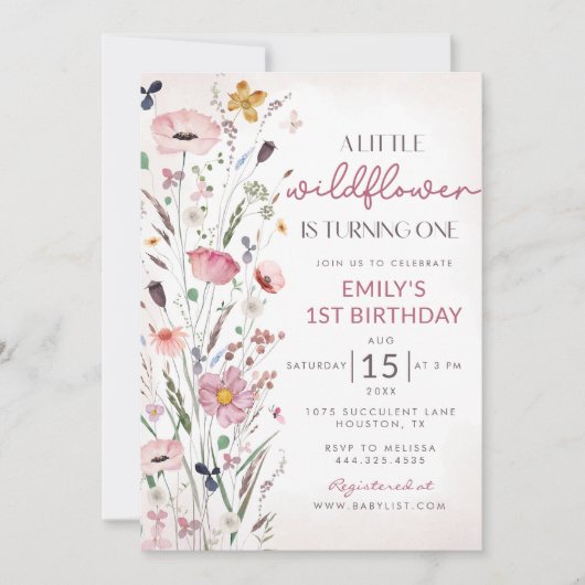 私たちの小さな野草ベビーガール1st誕生日パーティー 招待状 (正面)
