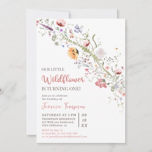 私たちの小さな野草ベビーガール1st誕生日パーティー 招待状 (正面)