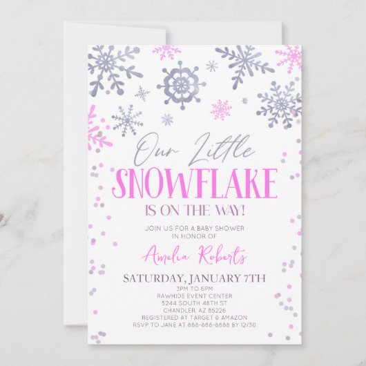 私たちの小さな雪の結晶の冬ワンダーランド赤ちゃんシャワー 招待状 (正面)