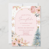 私たちの小さな雪の結晶 ピンクの冬の誕生日パーティー 招待状 (正面)