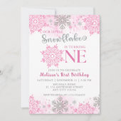 私たちの小さな雪の結晶 ピンク シルバー 冬の誕生日 招待状 (正面)