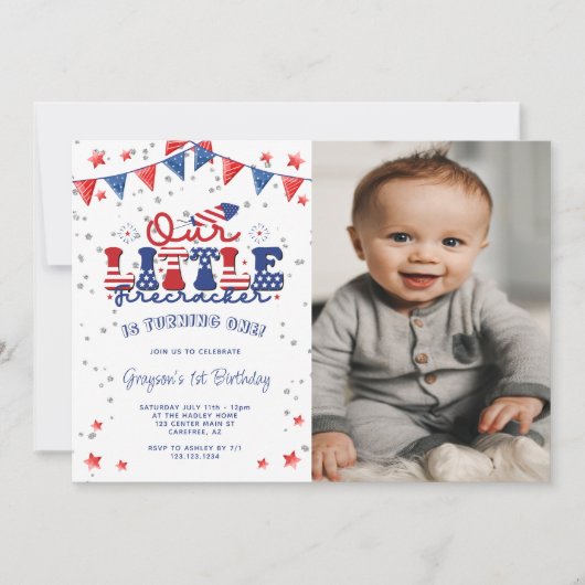 私たちの小さなfirecrcker 1st誕生日の写真 招待状 (正面)