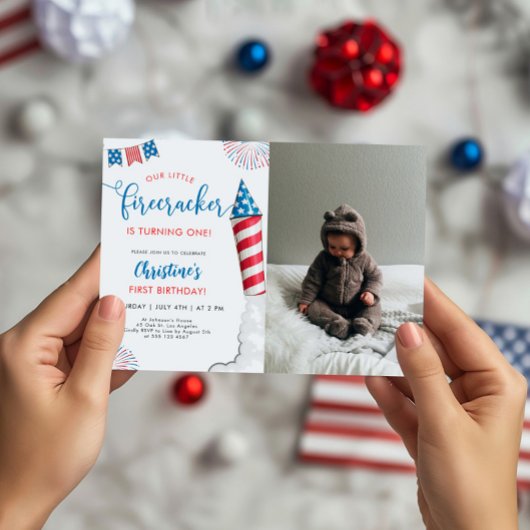 私たちの小さなfirecrcker 1st誕生日の写真 招待状