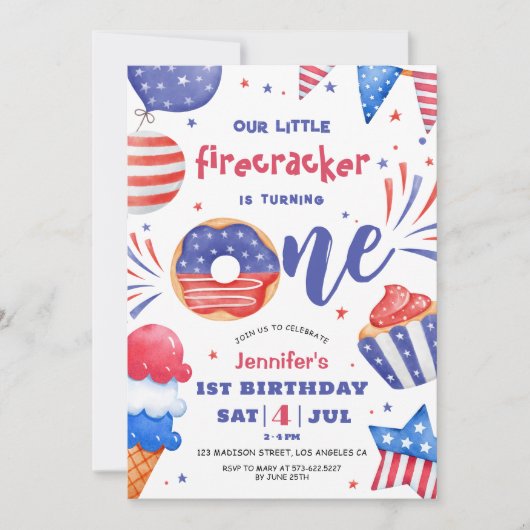 私たちの小さなfirecrcker 4th 7月1日の誕生日 招待状 (正面)