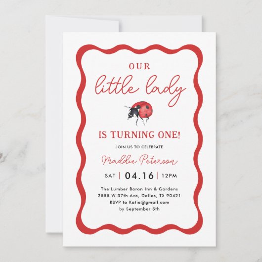 私たちの小さなLadybug女の子1st誕生日パーティー 招待状 (正面)