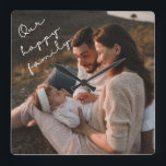 私たちの幸せな家族写真の壁時計 スクエア壁時計<br><div class="desc">このモダン時計は最高のあなたの家族の写真を備えエレガントて、手書きのスクリプトタイポグラフィ「私たちの幸せな家族」。</div>