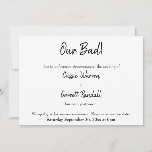 「私たちの悪い！」 延期結婚の発表 招待状 (正面)