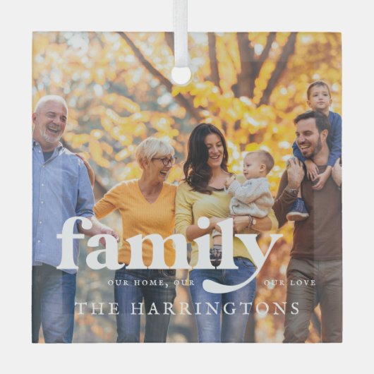 私たちの愛 |家族の名前の引用文と写真ギフト ガラスオーナメント (正面)