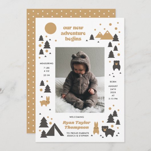 私たちの新しいアドベンチャーモダンMtnの誕生のお知らせ 招待状 (正面/裏面)