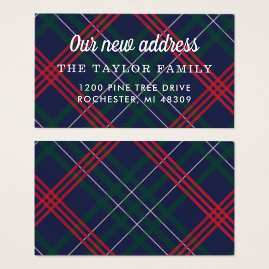 私たちの新しいアドレスカードネイビーレッドタータンチェックプレイド (正面&裏面)