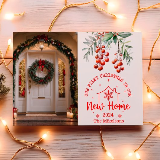 私たちの新しい家での初めてのクリスマス グリーン シーズンカード