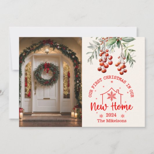 私たちの新しい家での初めてのクリスマス グリーン シーズンカード (正面)