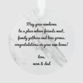 私たちの新しい家のメッセージの最初のカスタムクリスマス オーナメント (裏面)