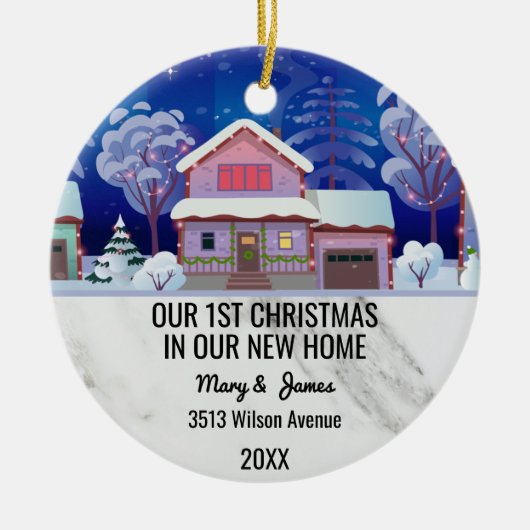 私たちの新しい家のメッセージの最初のカスタムクリスマス セラミックオーナメント (正面)