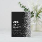 私たちの新しい家 エレガント シルバー グリッター 黒 引越し 案内ポストカード (スタンド正面)