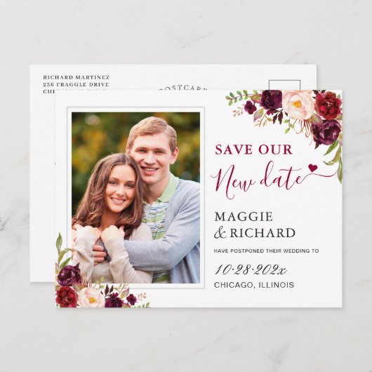 私たちの新しい日を救って バーガンディ レッド フラワーの写真を ポストカード (正面/裏面)