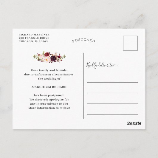 私たちの新しい日を救って バーガンディ レッド フラワーの写真を ポストカード (裏面)